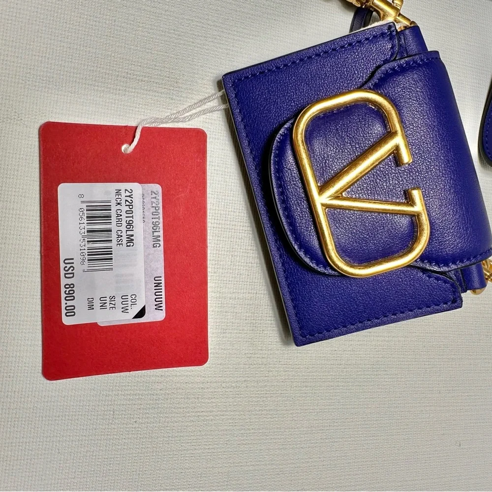 VALENTINO GARAVANI Men's V-logo Leather Card Case in Blue Royal